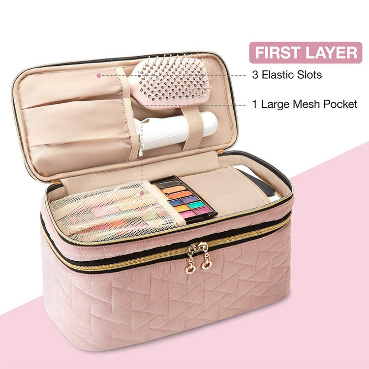 Double-layer Travel and Home Makeup Bag, Customized, Travel Mesh Toiletry Bag with Zipper, Customized Logo, Large-capacity, Pink, for Women